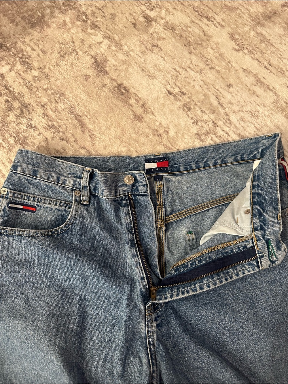 Vintage Tommy Hilfiger Blue Denim Shorts with Red-White-Navy Stripe - Picture 4 of 5